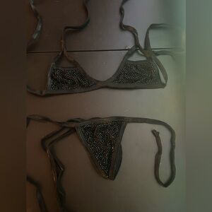 NWOT Sexy Skimpy Handmade Open Cup Tri-Top Y-String Bottom Stripper Black Bikini
